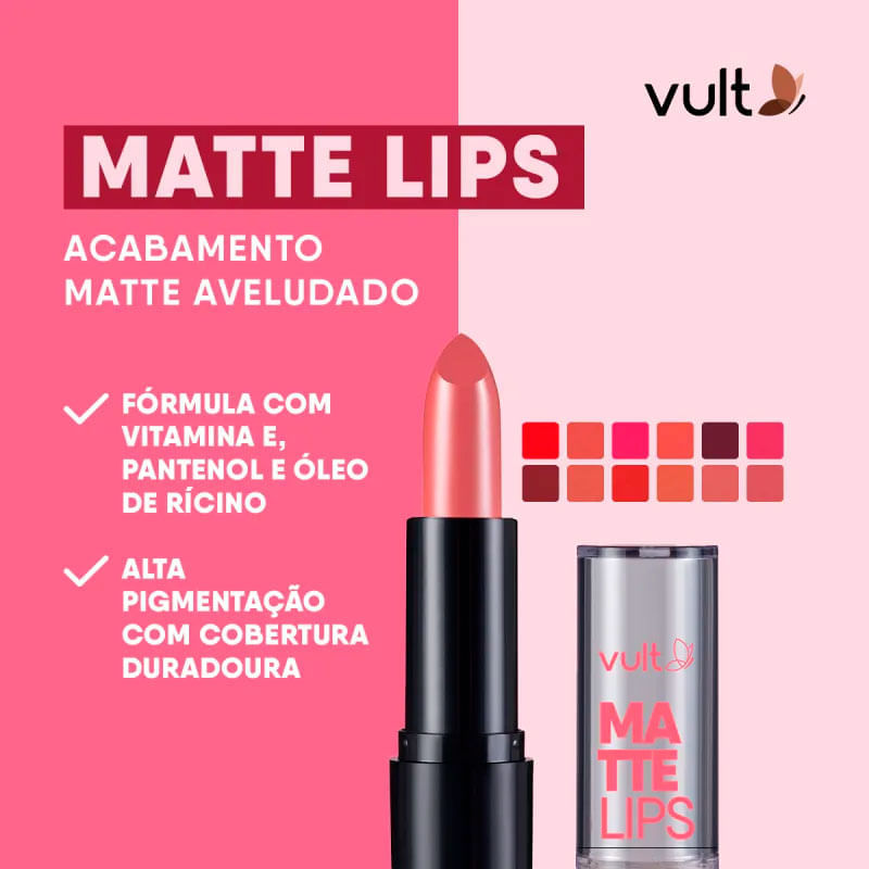 Batom Matte Vult Lips Rosa Paixão, Cor Intensa - Drogal