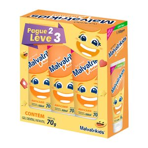 Kit Gel Dental Malvatrikids F-Infantil Com Flúor Anticárie Sabor Tutti-Frutti 70g Leve 3 Pague 2