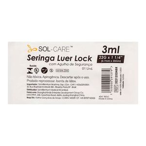 Seringa Sol-Care Luer Lock com Agulha de Segurança 30mmx0,7mm 3ml 1 Unidade