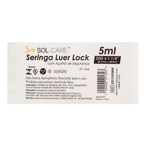 Seringa Sol-Care Luer Lock com Agulha de Segurança 30mmx0,7mm 5ml 1 Unidade
