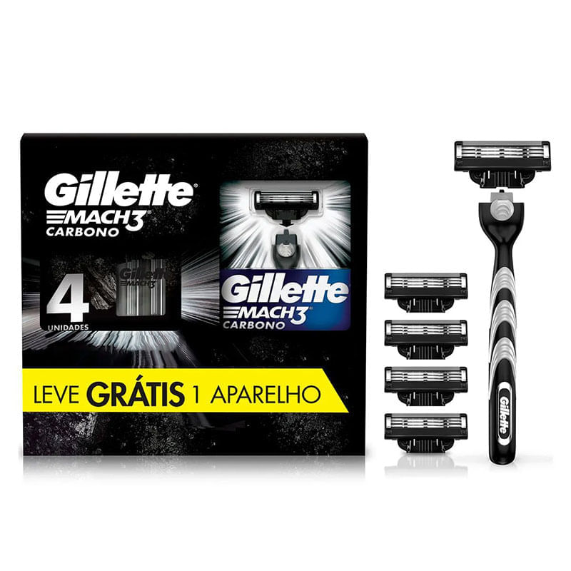 Kit Aparelho de Barbear Descartável Gillette Mach3 Carbono Carvão Ativado + 4 Refis