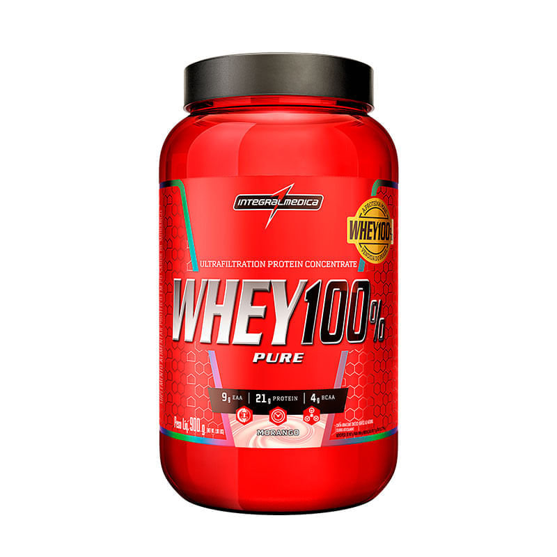 Embalagem do Super Whey 100% Pure Integralmedica Morango 900g
