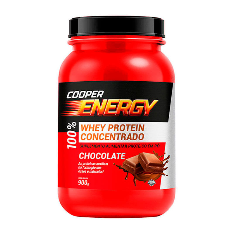 Embalagem do Suplemento Alimentar Cooper Energy Whey Protein Concentrado 100% Sabor Chocolate 900g