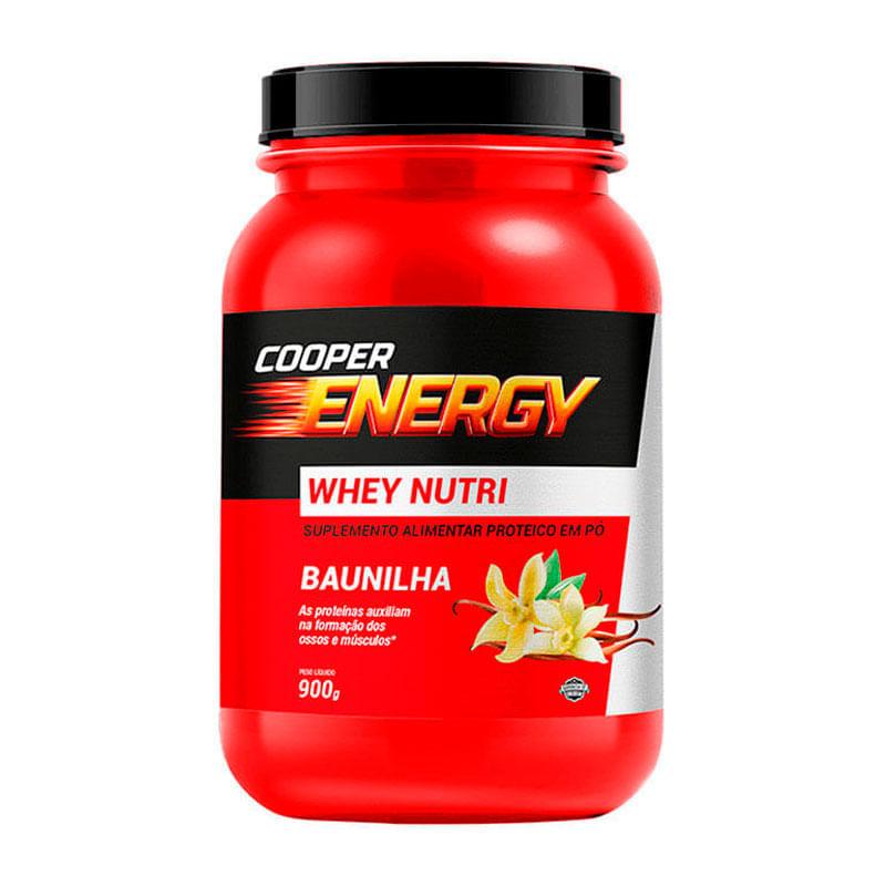 Embalagem do Suplemento Alimentar Cooper Energy Whey Nutri Sabor Baunilha 900g