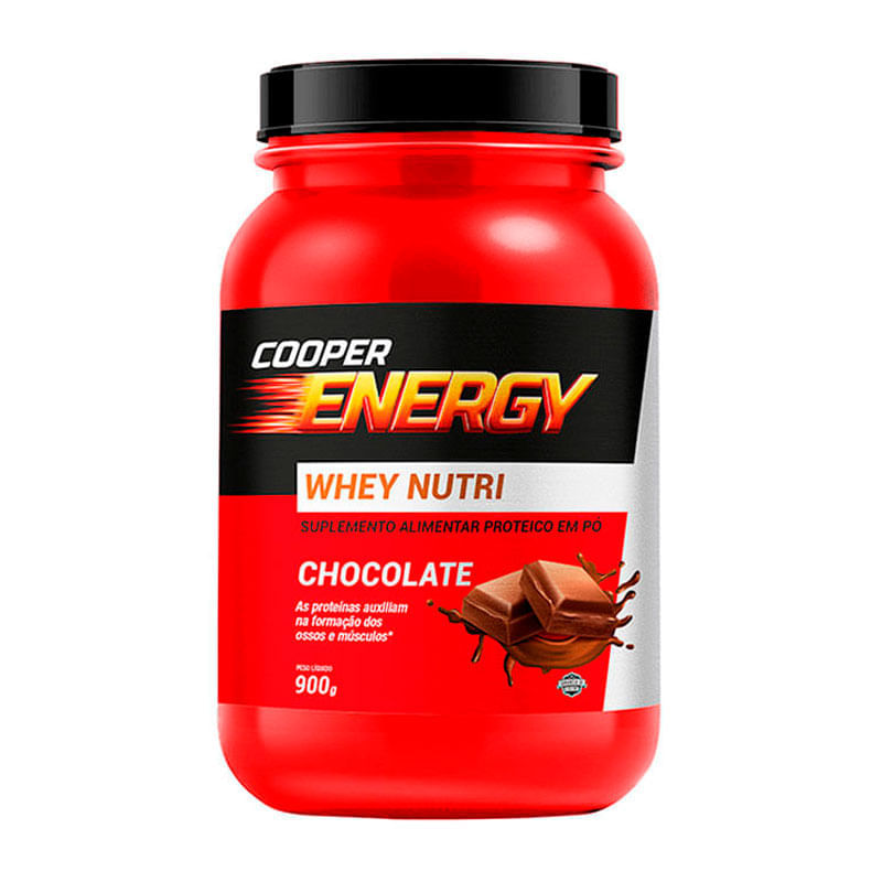 Embalagem do Suplemento Alimentar Cooper Energy Whey Nutri Sabor Chocolate 900g