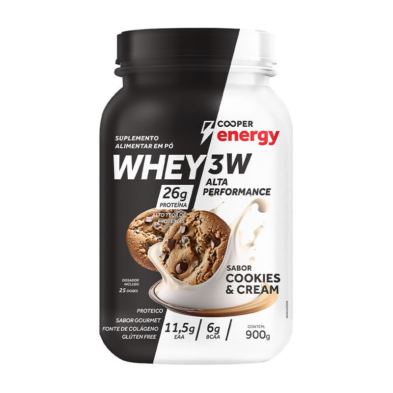 Embalagem do Suplemento Alimentar Cooper Energy Whey 3W Alta Performance Sabor Cookies & Cream 900g