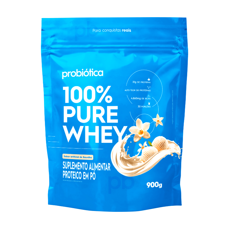 Embalagem do Suplemento Alimentar Proteico Probiótica 100% Pure Whey Sabor Baunilha 900g