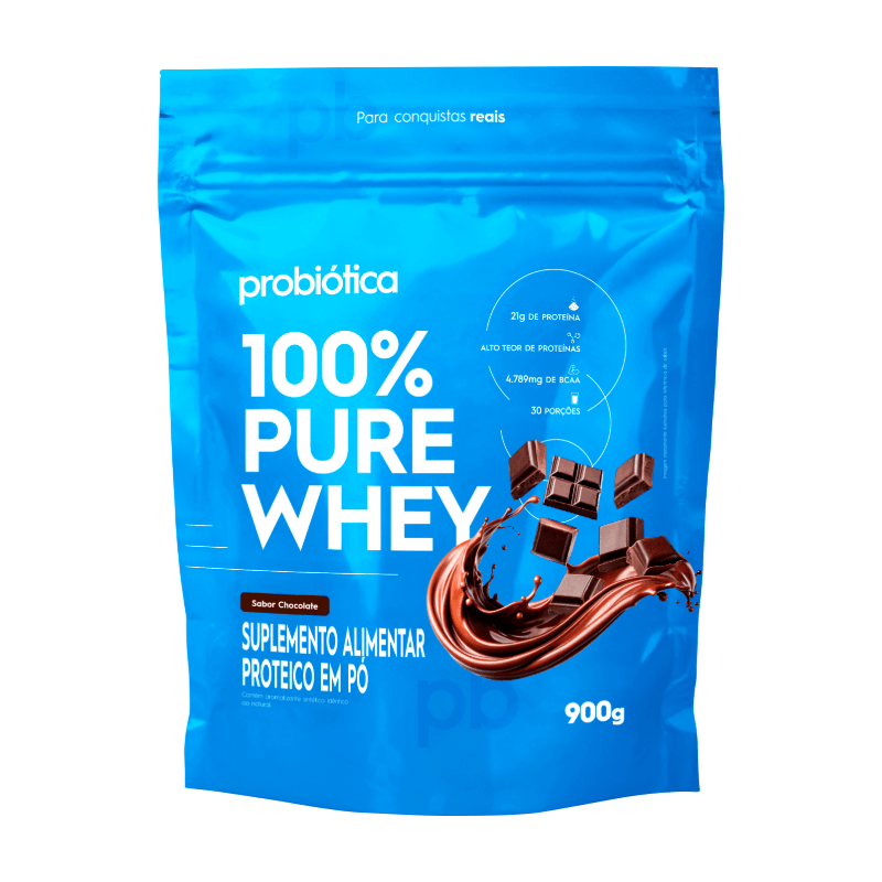 Embalagem do Suplemento Alimentar Proteico Probiótica 100% Pure Whey Sabor Chocolate 900g