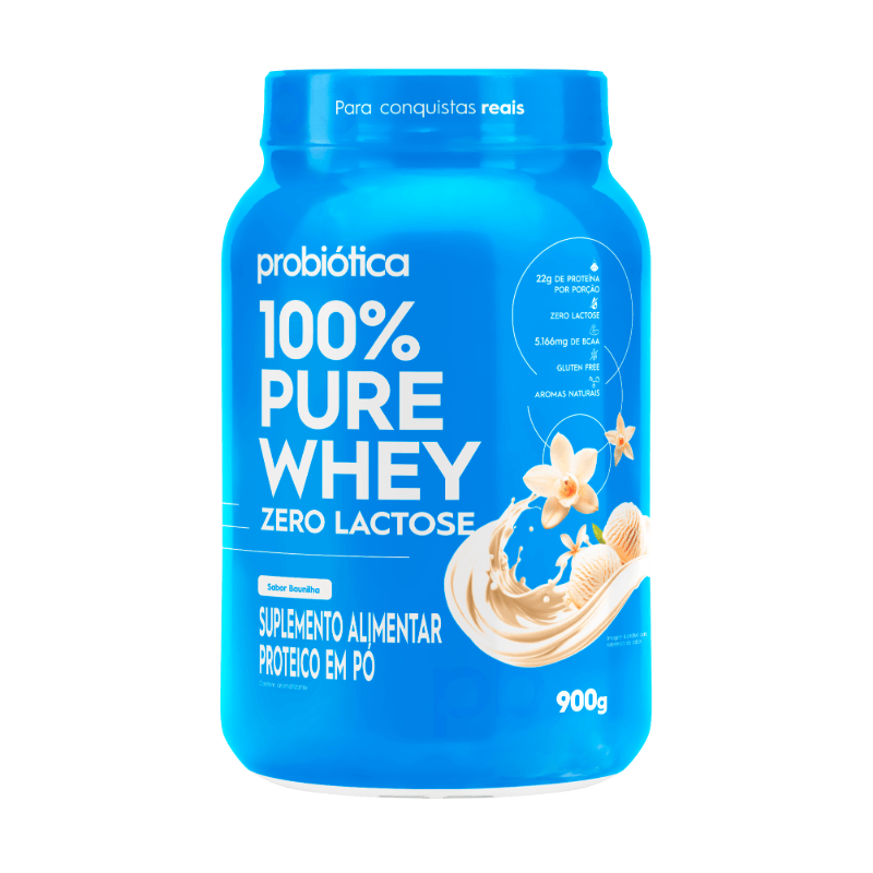 Embalagem do Suplemento Alimentar Proteico Probiótica 100% Pure Whey Zero Lactose Sabor Baunilha 900g