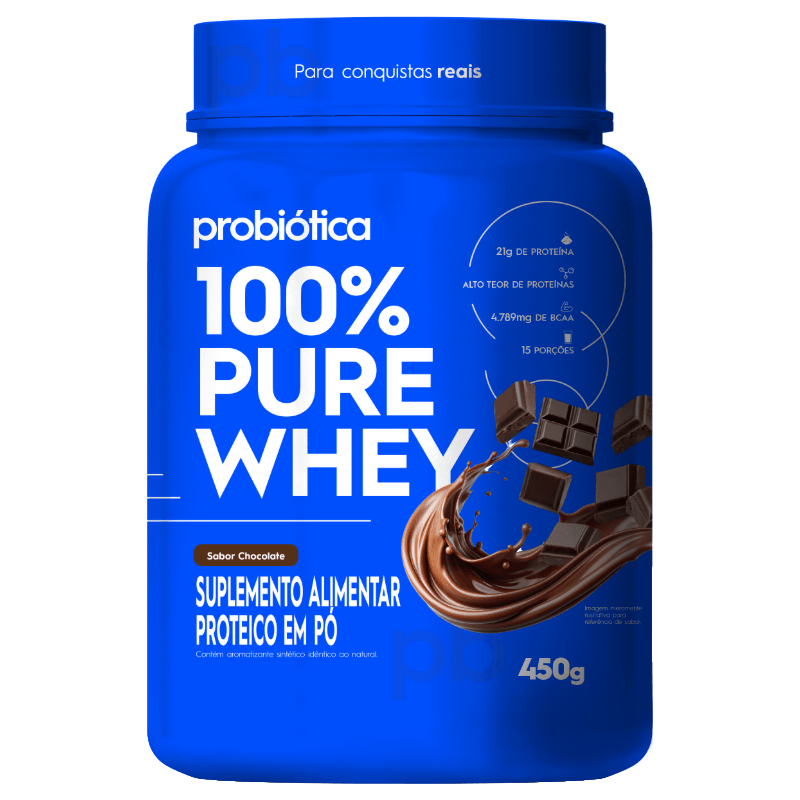 Embalagem do Suplemento Alimentar Probiótica 100% Pure Whey Sabor Chocolate 450g