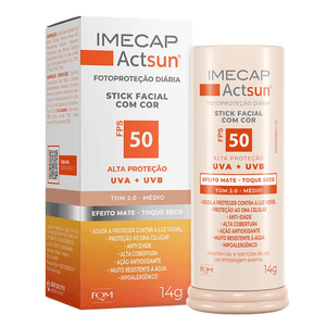 Protetor Solar Facial em Stick Imecap Actsun Efeito Mate FPS50 Tom Médio Cor 2.0 14g