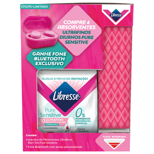 Kit Absorvente Libresse Pure Sensitive Ultrafino Diurno com Abas 4 Pacotes + Fone Bluetooth com Estojo