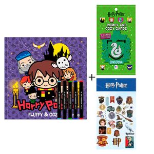 Kit Livro para Colorir Harry Potter Fluffy & Cozy 1 Unidade + 5 Canetas Coloridas + Cards Colecionáveis + Cartela de Adesivos Temáticos Sortidos