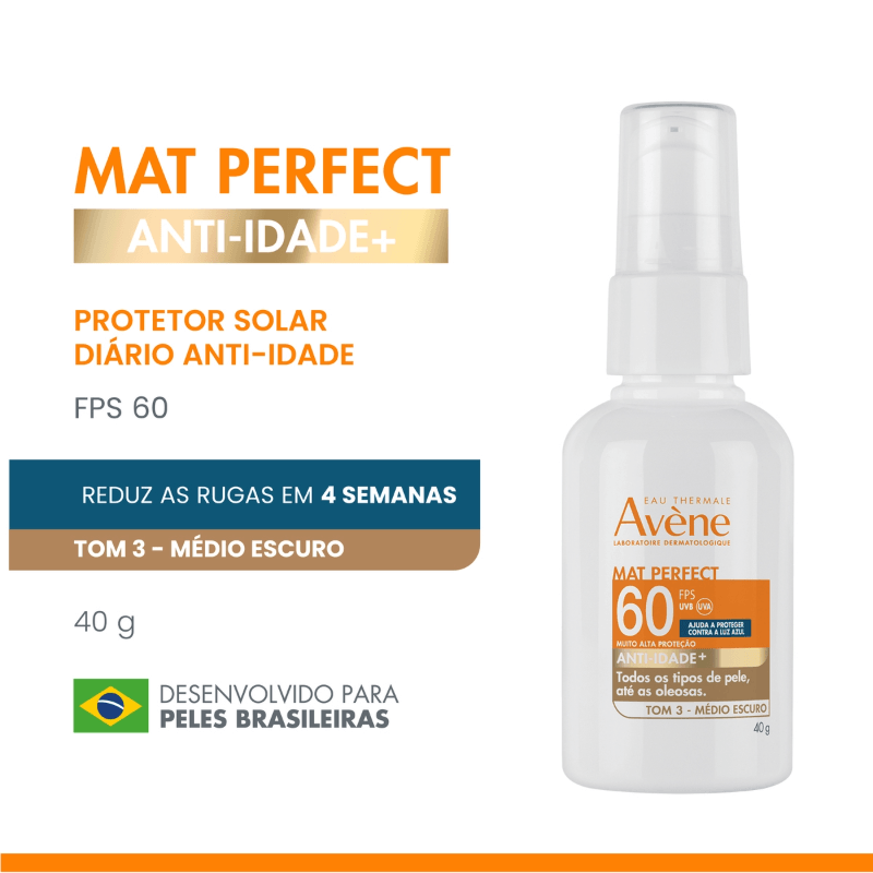 Encontraproduto.com.br - Protetor Solar Facial Eau Thermale Avène FPS 60 Mat Perfect Anti-Idade+ Cor 3 Média Escura 40g