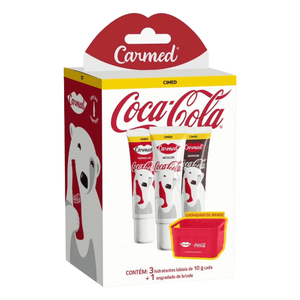 Kit Hidratante Labial Carmed Coca-Cola Cor Vermelho, Incolor e Marrom 10g Cada + Engradado
