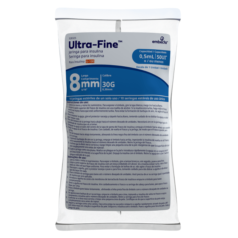 Seringa para Insulina Embecta Ultra-Fine 8mm 30G 50 UI 5ml 10 Unidades