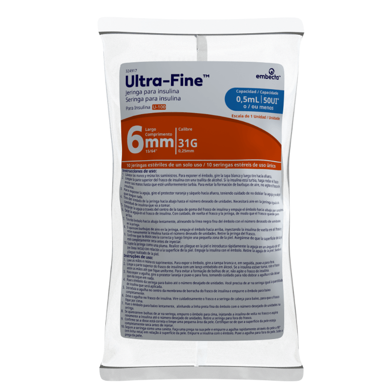 Seringa para Insulina Embecta Ultra-Fine 6mm 31G 50 UI 5ml 10 Unidades